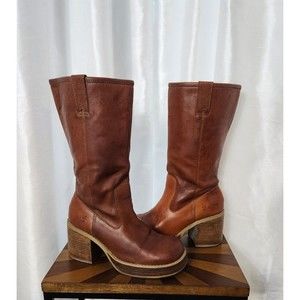 FRYE Dorian Platform Boots Chunky Heel Square Toe Brown Leather 10 Vintage